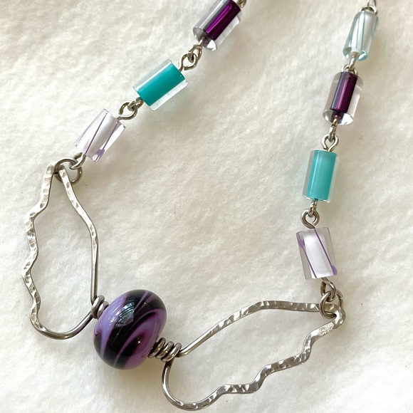 Handmade‎ Sterling Bat Wing Necklace Lampwork Beaded Chain Purple Turquoise - Picture 1 of 9